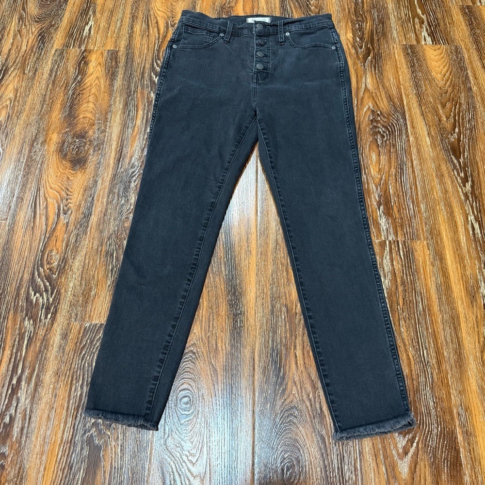 Madewell High-Rise Skinny Jeans Charcoal Black Button Fly Raw Hem Size 29 Womens